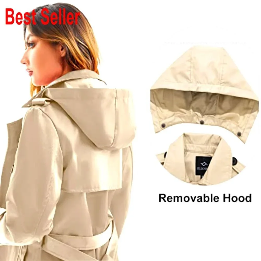 Classic Double Breasted Trench Coat Windproof Water Resistant Detachable Hood - Picture 3 of 5